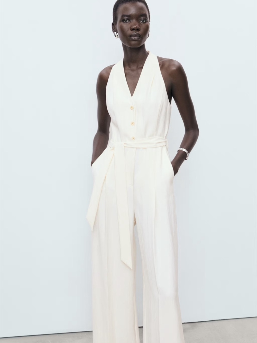 Mango Cream Halter Tie-Belt Wide-Leg Jumpsuit